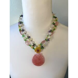 Vintage Style Multi Strand Gemstone Pearl Necklace Carved Pink‎ Stone Pendant